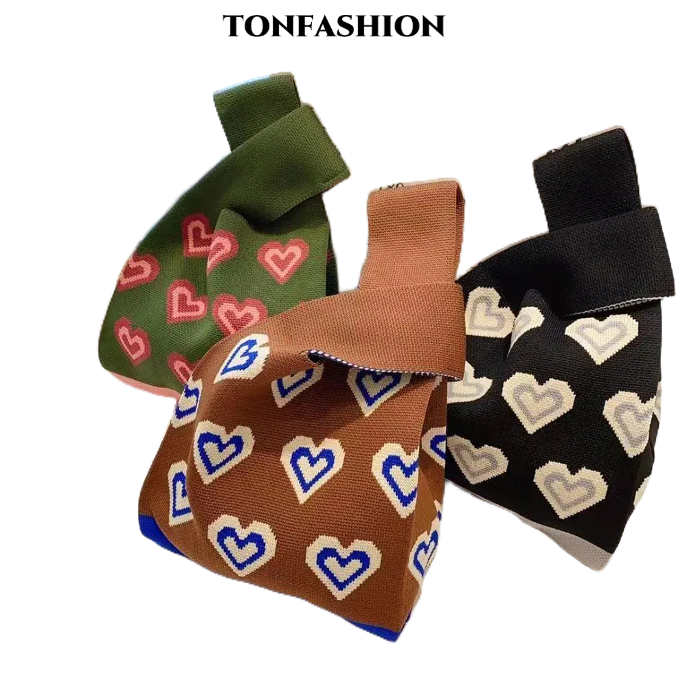Tonfashion กระเป๋าถือ กระเป๋าช้อปปิ้ง ผ้าถัก ลายดอกไม้ หัวใจ ใช้ซ้ําได้