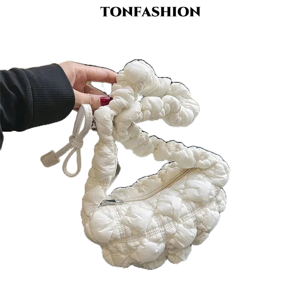 Tonfashion กระเป๋าสะพายไหล่ ทรงเมสเซนเจอร์ แต่งจับจีบ ลายก้อนเมฆ สีพื้น แฟชั่นสําหรับผู้หญิง