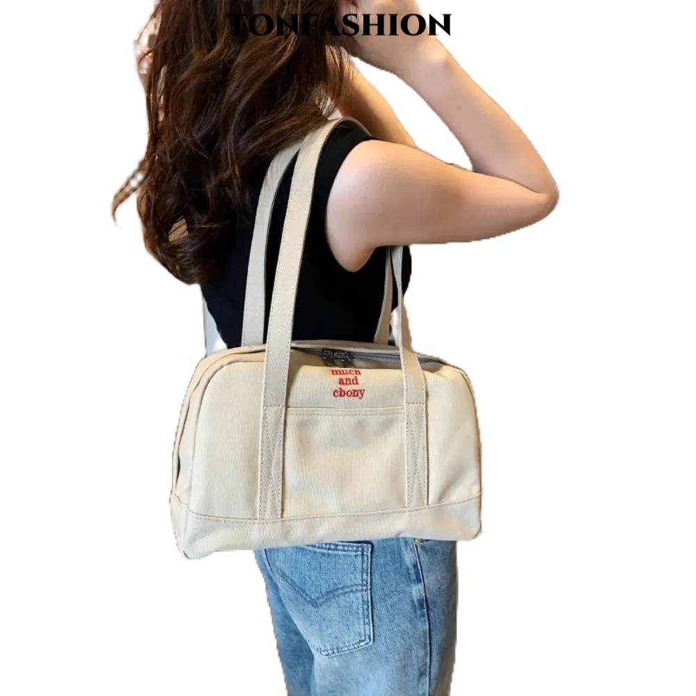 Tonfashion กระเป๋าถือ กระเป๋าสะพายไหล่ ผ้าแคนวาส ขนาดใหญ่ จุของได้เยอะ แบบพกพา สไตล์เรโทร สําหรับสตรี
