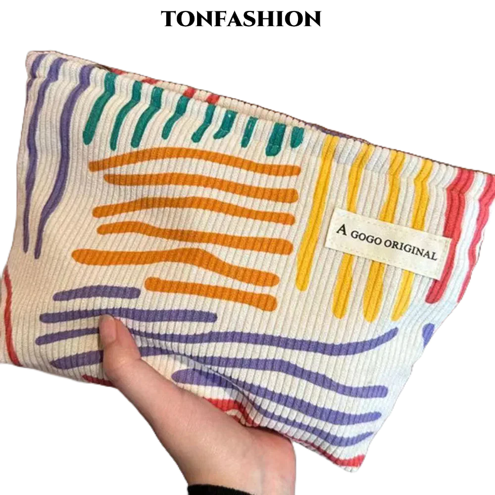 Tonfashion กระเป๋าเครื่องสําอาง ผ้าลูกฟูก ลายทาง แฟชั่นสําหรับผู้หญิง