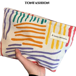 Tonfashion กระเป๋าเครื่องสําอาง ผ้าลูกฟูก ลายทาง แฟชั่นสําหรับผู้หญิง