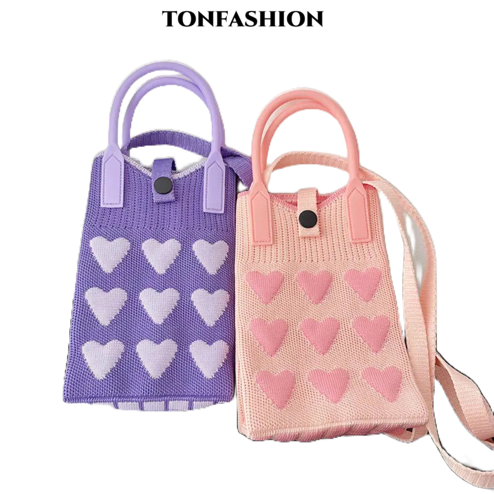 Tonfashion กระเป๋าถือ ถักนิตติ้ง ความรักหวาน ความจุสูง ผูกปม กระเป๋าข้อมือ กระเป๋าถัก กระเป๋าใส่โทรศัพท์ ขนาดเล็ก ผู้หญิง