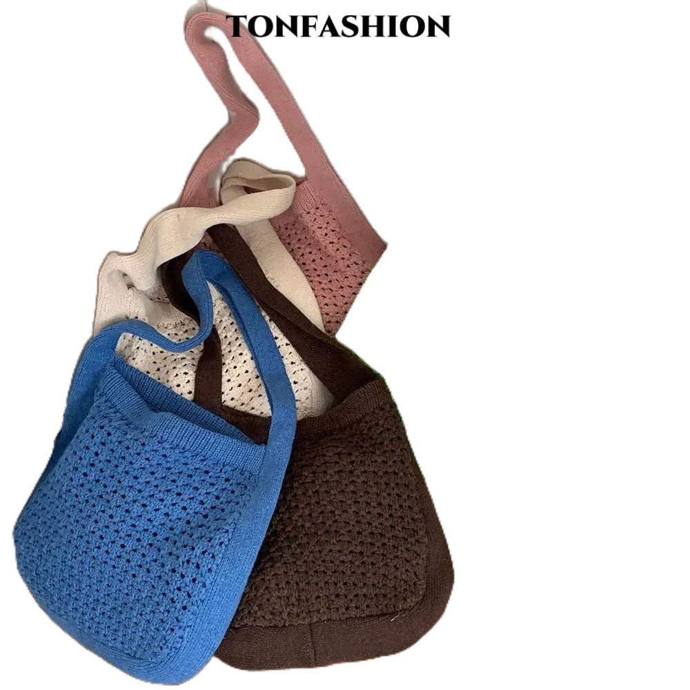 Tonfashion กระเป๋าถือ กระเป๋าสะพายไหล่ ผ้าถักโครเชต์ ฉลุลาย ความจุขนาดใหญ่ สไตล์เรโทร สําหรับผู้หญิง
