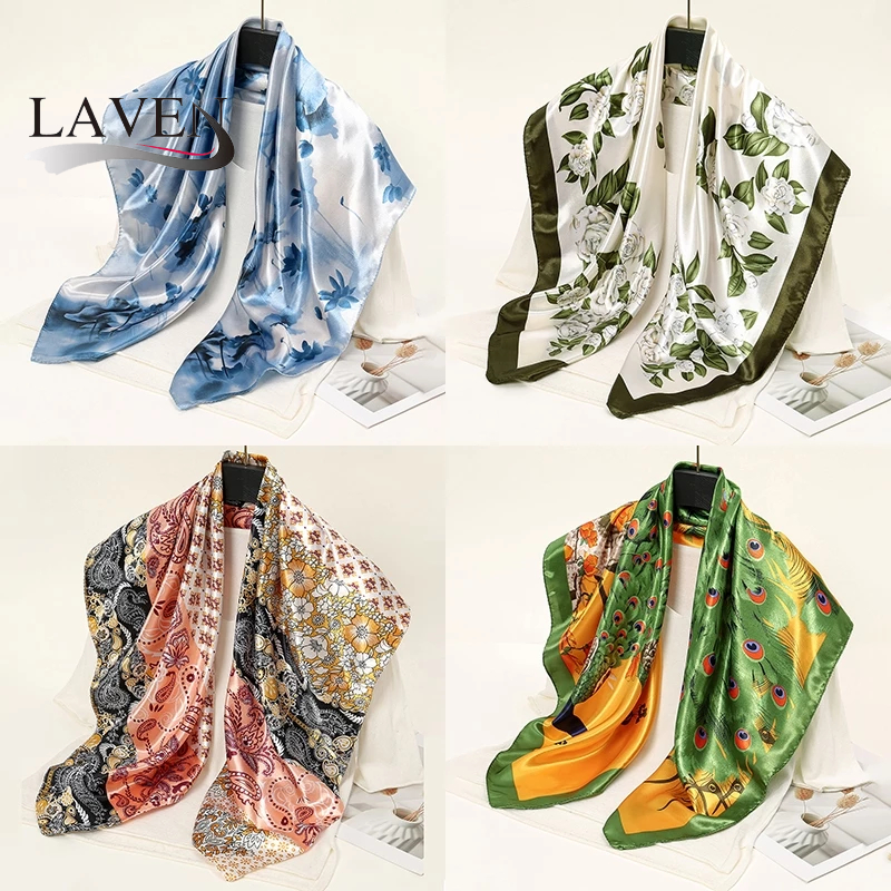LAVEN Fashion Square Scarf Satin Silk Bawal Floral Printing Neck Scarf Shawl Muslim Headscarf Shawl 90*90cm