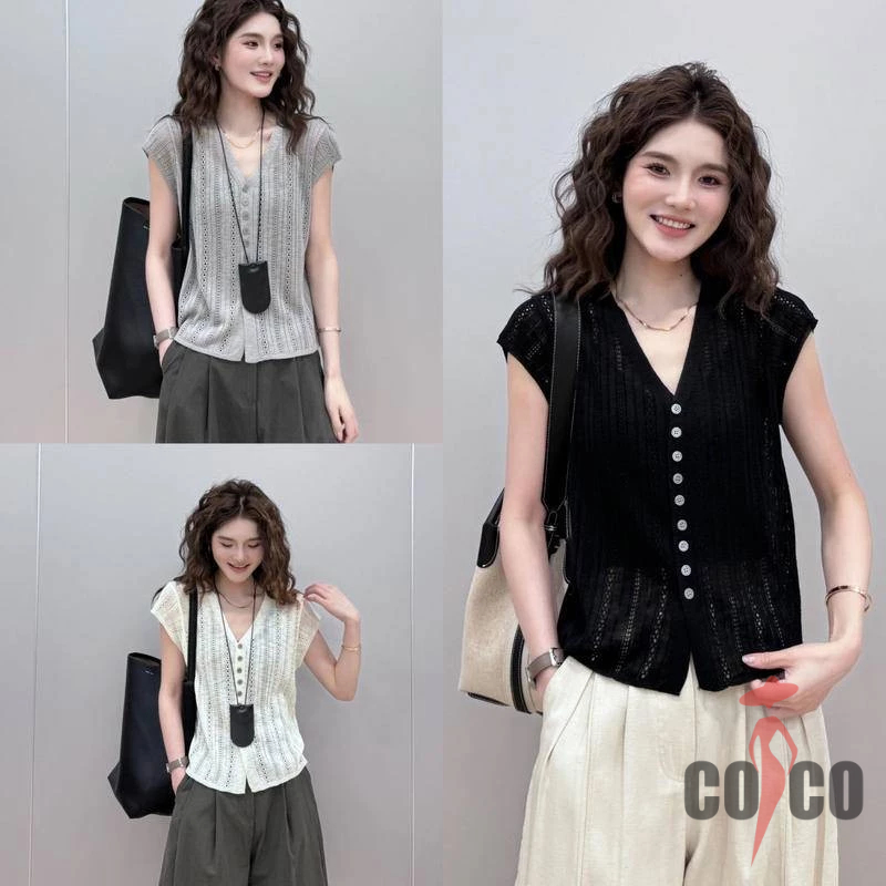 ถักกลวงเสื้อสเวตเตอร์ถักผู้หญิงฤดูร้อนแขนสั้นถักคอวีด้านบน