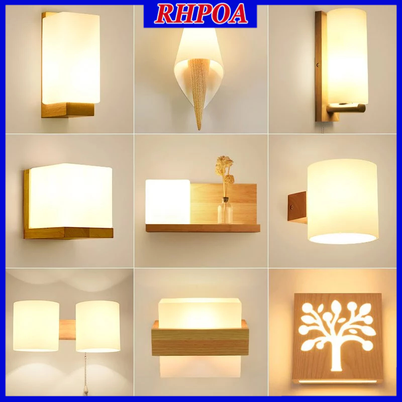 RHPOA โคมไฟติดผนัง LED สไตล์นอร์ดิก โคมไฟทางเดินไม้เนื้อแข็ง E27 หลอดไฟฟรี ติดตั้งง่าย