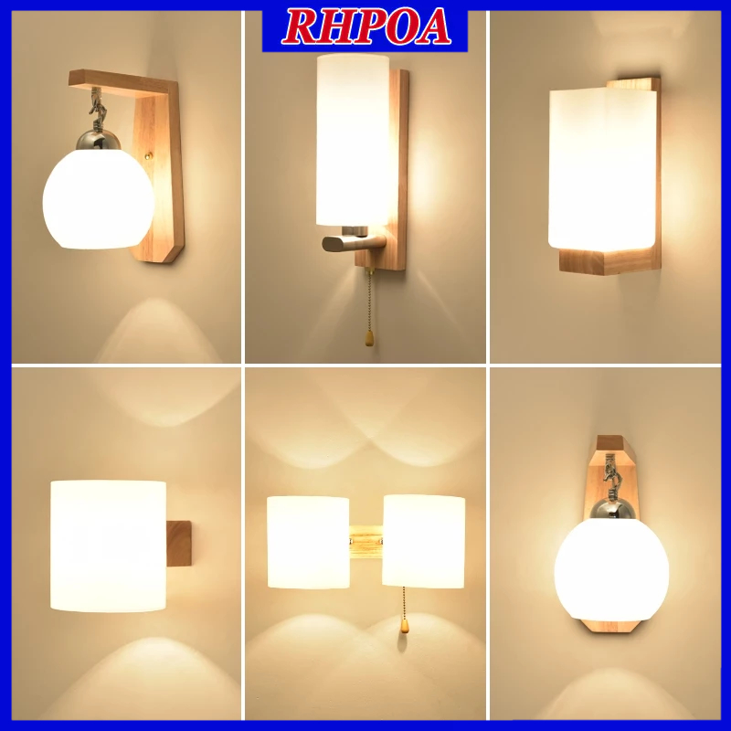 RHPOA โคมไฟติดผนัง LED สไตล์นอร์ดิก โคมไฟทางเดินไม้เนื้อแข็ง E27 หลอดไฟฟรี ติดตั้งง่าย