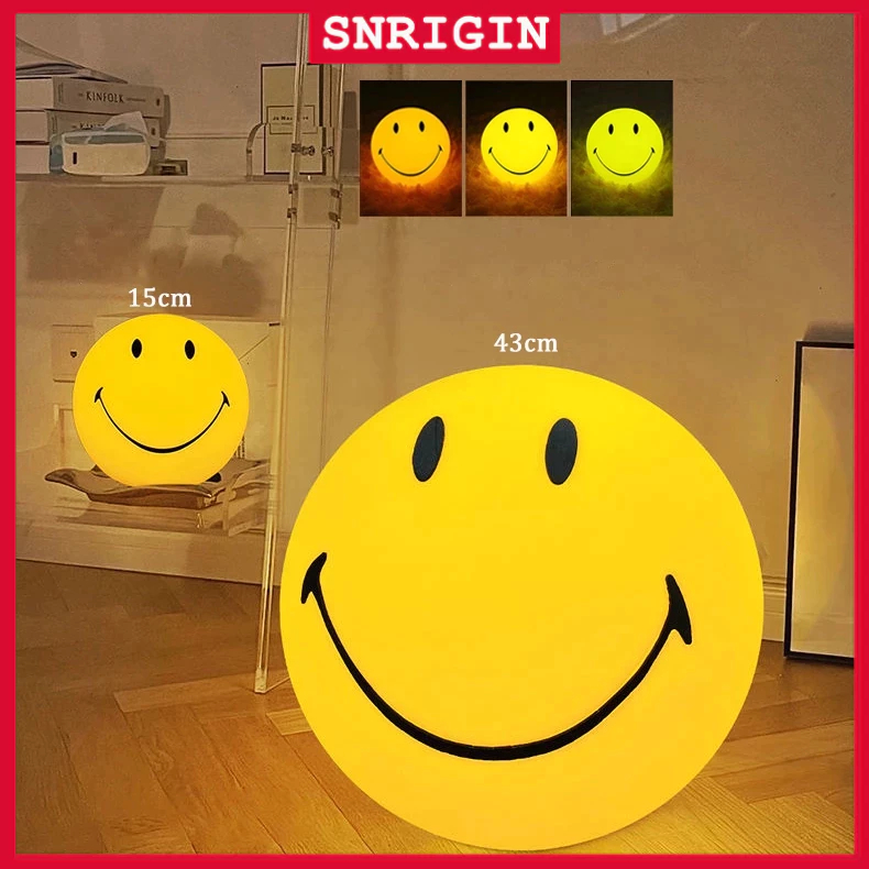 SNRIGIN โคมไฟตั้งโต๊ะ LED ยิ้มการ์ตูนตั้งพื้นข้างเตียงบรรยากาศไฟกลางคืน
