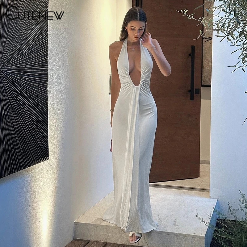 Cutenew Elegant เซ็กซี่ Maxi ชุด Halter Off แขน Cleavage ลึก V Backless Solid Wrap ก้น Club Party บรรยากาศสไตล์ 2024 ร้อนใหม่