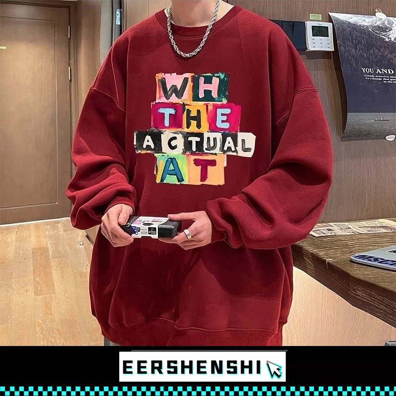 EERSHENSHI เสื้อกันหนาวผู้ชาย อเมริกัน ย้อนยุค แฟชั่นแบรนด์การพิมพ์สี ไม่มีหมวก เสื้อกันหนาวคอกลม