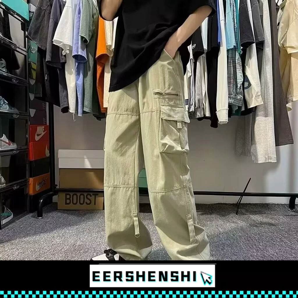 EERSHENSHI กางเกงผู้ชายสไตล์อเมริกันหลายกระเป๋าแฟชั่นแบรนด์ High Street Hip Hop ตรงกางเกงขากว้าง
