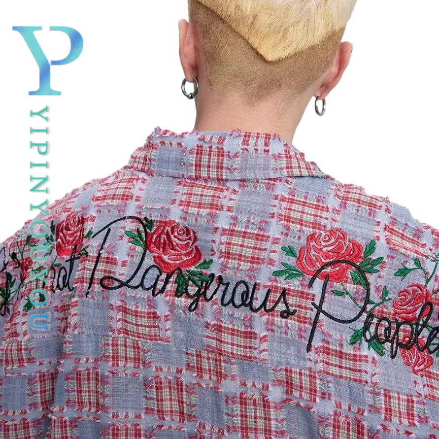 YIPINYOUYOU เสื้อเชิ้ตผู้ชายแขนยาว Xue Zhiqian dsp เย็บปักถักร้อยกุหลาบหลวมสบายๆพับเสื้อคอปกแจ็คเก็ต