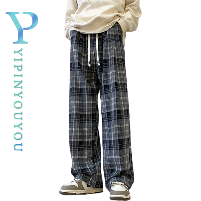 YIPINYOUYOU กางเกงผู้ชายสไตล์ Maillard หลวมสบายๆอเมริกัน high street retro แฟชั่นแบรนด์เยาวชนลายสก๊อตกางเกงกีฬา