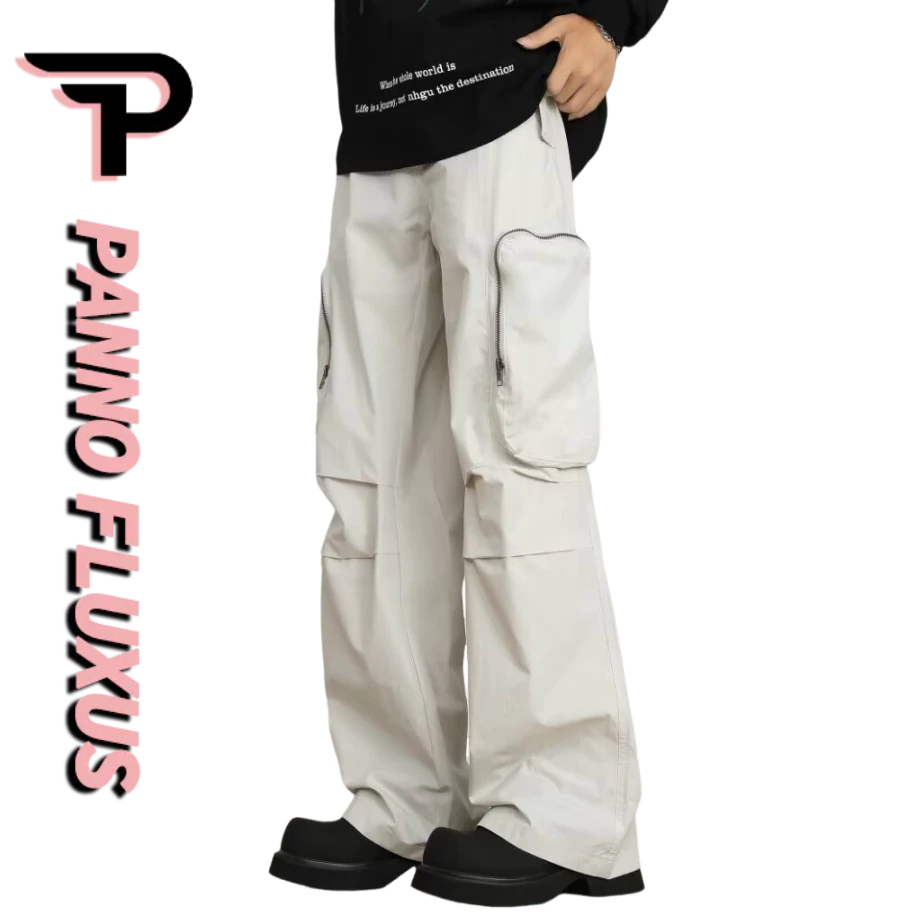 Pannofluxus กางเกงผู้ชาย American high street หลวมสบายๆสไตล์อินหลายกระเป๋าซิปออกแบบ paratrooper overalls