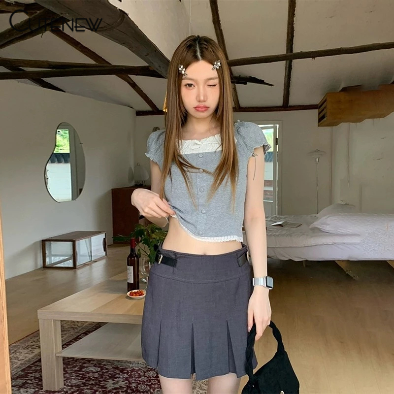 Cutenew ลูกไม้แขนสั้นเสื้อยืดผู้หญิงฤดูร้อน 2024 Sweet Slim Crop Top