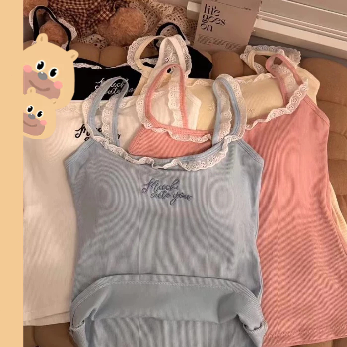 🎀bearbra🎀เซ็กซี่ สายเดี่ยว ตัวอักษรปักลูกไม้ เสื้อผู้หญิง มีแผ่นรองหน้าอก