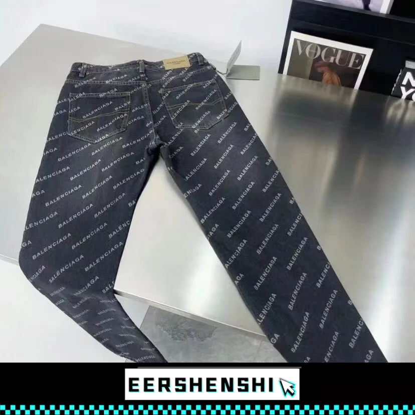 EERSHENSHI ผู้ชายสไตล์อเมริกันย้อนยุค สูง ถนน หนักล้างขากว้างกางเกงยีนส์ตรงพิมพ์