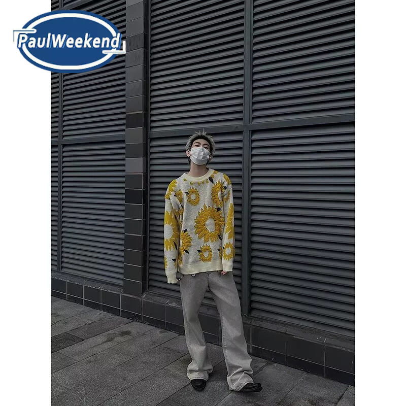 PaulWeekend เสื้อกันหนาวผู้ชายสไตล์ญี่ปุ่นย้อนยุคหลวมคอลูกเรือเสื้อกันหนาวดอกทานตะวันลําลอง