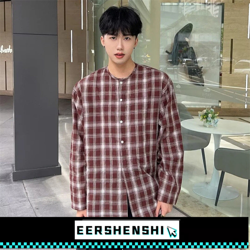 EERSHENSHI เสื้อเชิ้ตผู้ชายสไตล์ญี่ปุ่นย้อนยุคเกรดสูงหลวมสบายๆ กรีด ลายสก๊อตเสื้อไม่มีปก