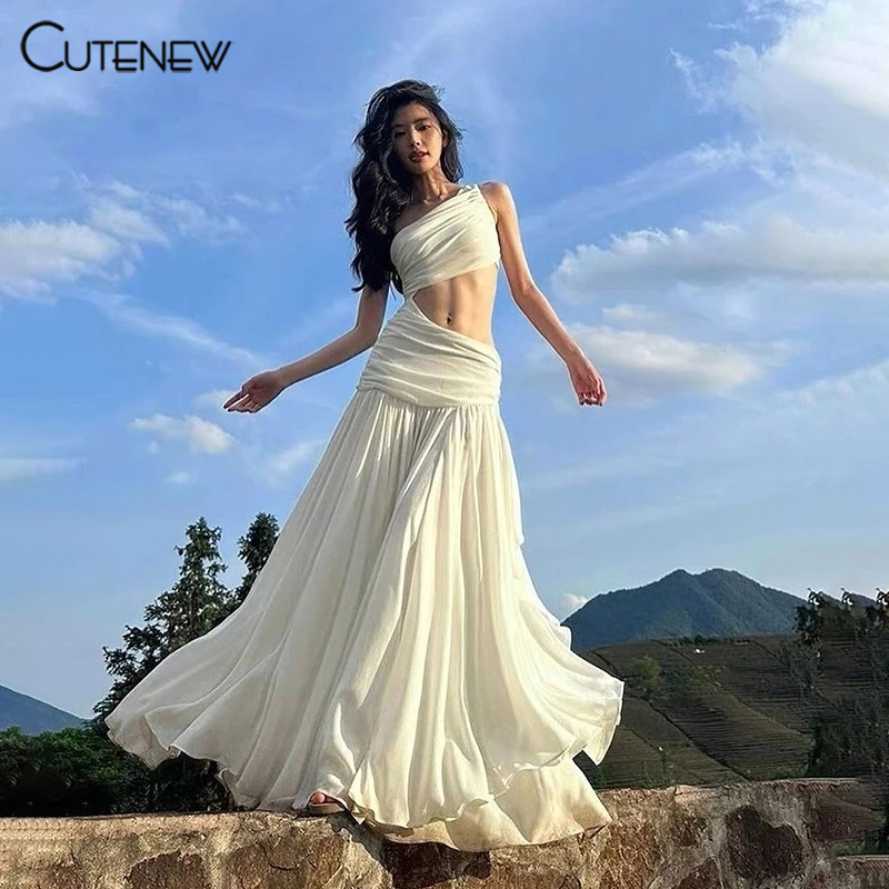 Cutenew Elegant Maxi Dress ผู้หญิงฤดูร้อนปิดไหล่แขนกุดตัดชุดยาวชายหาด