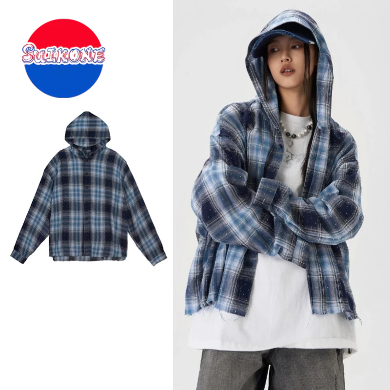 SUIKONE ซุยโคเนะ ฤดูใบไม้ร่วงบางเต็มร้อนเพชรลายเสื้อเชิ้ตแขนยาวอเมริกันหลวมรูปเงาเสื้อลําลอง