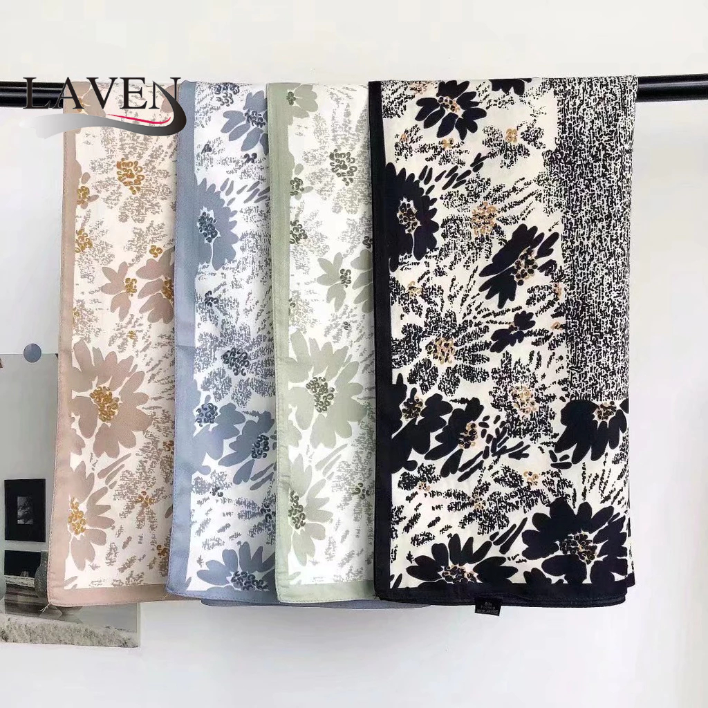 Lovosme 90*90 ซม.ดอกไม้พิมพ์ Twill ผ้าไหมสแควร์ผ้าคลุมไหล่ผ้าพันคอผู้หญิง Instant Hijabs Lady คอผ้าพันคอมุสลิม Headwrap