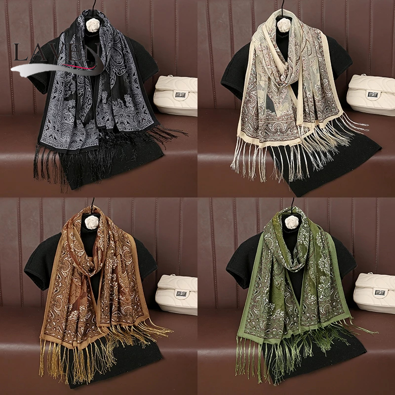 Laven Cashew Jacquard ชาติพันธุ์ผ้าคลุมไหล่แฟชั่นผู้หญิง Headscarf ลูกไม้พู่ผ้าคลุมไหล่ Vintage Pashmina ผ้าพันคอ
