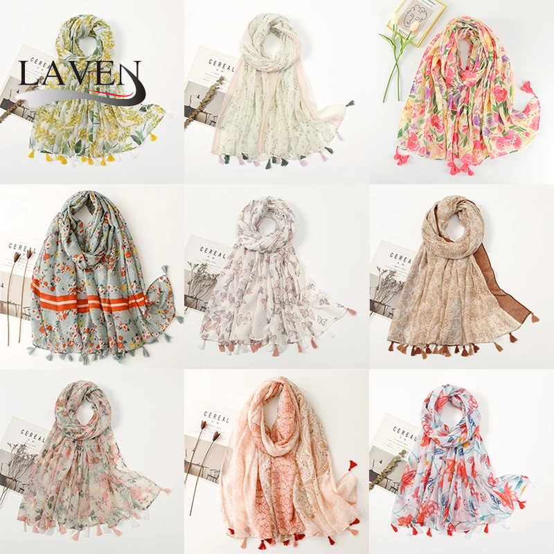 Laven ดอกไม้พิมพ์ Hijab Cotton Voile Hijab ผ้าพันคอพู่ผ้าคลุมไหล่ผู้หญิง Tudung สุภาพสตรีดอกไม้ Headscarf