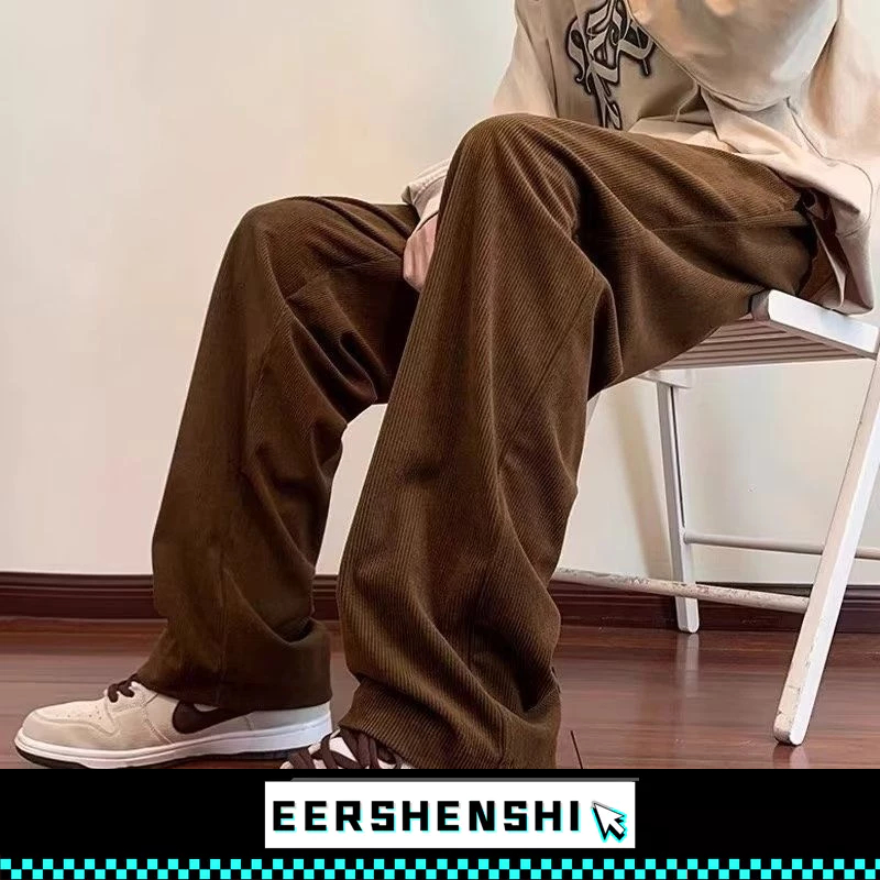 EERSHENSHI กางเกงผู้ชาย American Retro Heavy Corduroy หลวมตรงทั้งหมดตรงกับกางเกงขากว้างลําลอง
