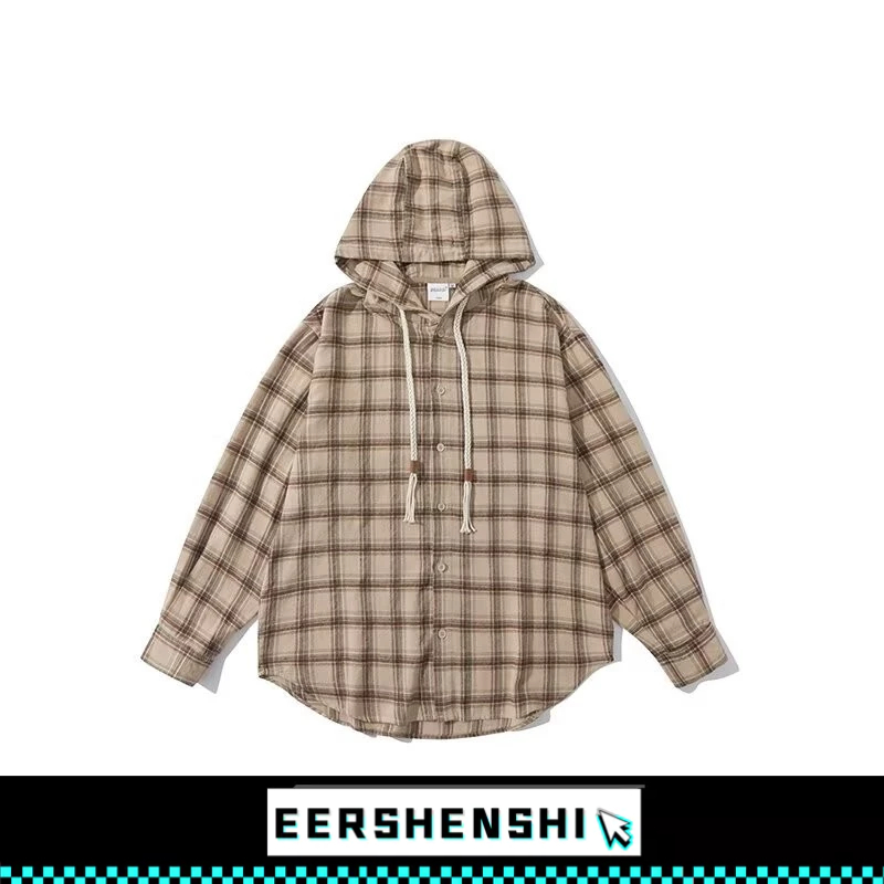 EERSHENSHI เสื้อเชิ้ตผู้ชายอเมริกันย้อนยุคสไตล์ฮาราจูกุสบายๆหลวมคลุมด้วยผ้าเสื้อลายสก๊อต