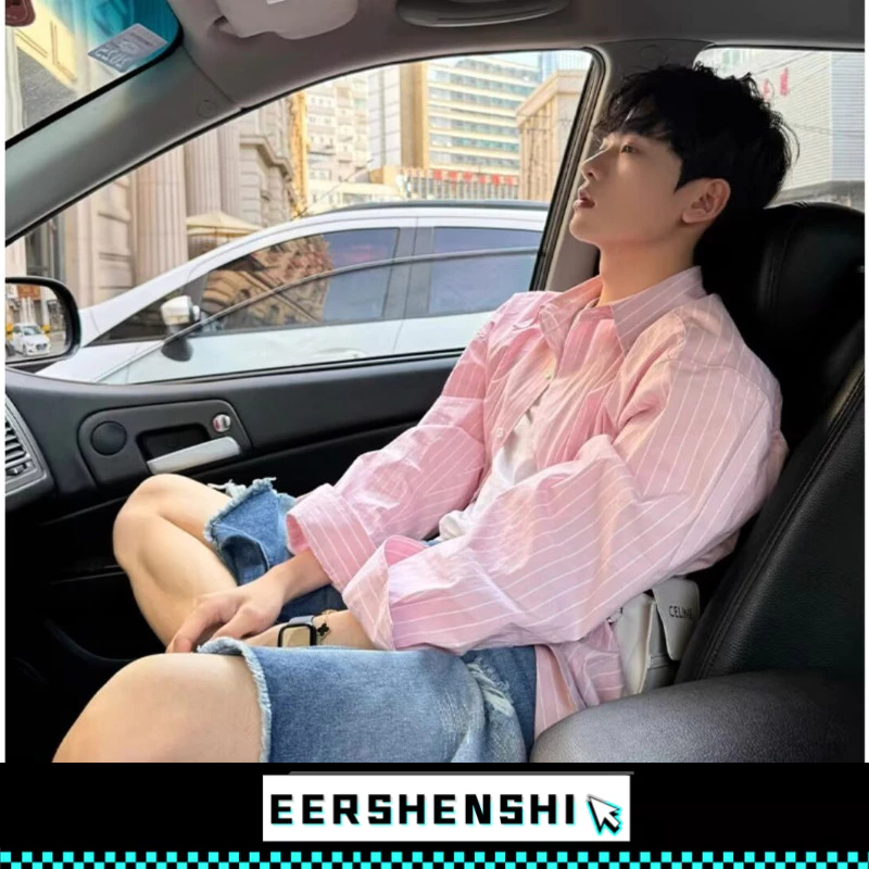 EERSHENSHI เสื้อเชิ้ตผู้ชายฮาราจูกุอเมริกันย้อนยุคระดับไฮเอนด์ที่เรียบง่ายปกติเสื้อเชิ้ตสีชมพู