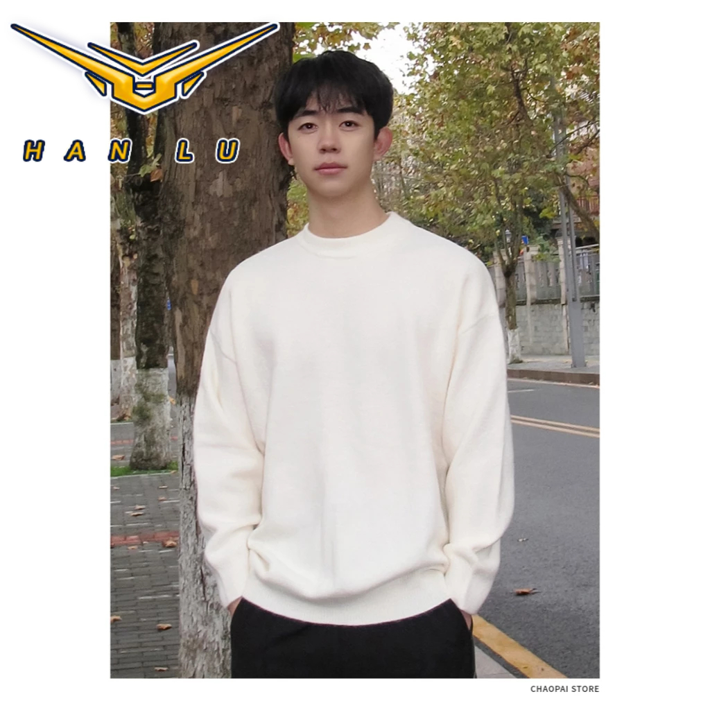 HANLU  เสื้อกันหนาวผู้ชายสีทึบเรียบง่ายสไตล์เกาหลีลําลองหลวมรอบคอ สูงสุด