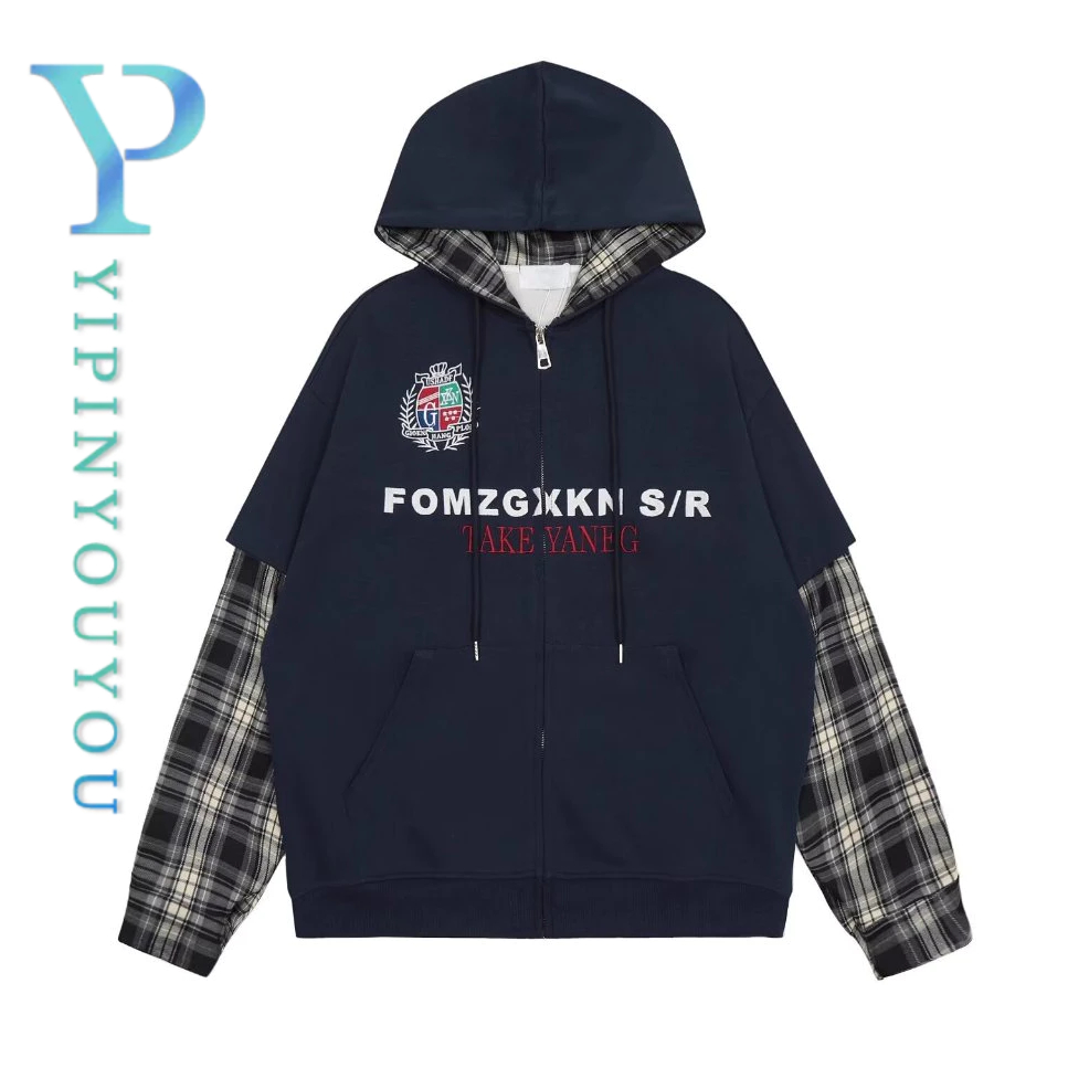 YIPINYOUYOU เสื้อแจ็คเก็ตมีฮู้ดผู้ชายอเมริกันย้อนยุคหลวมสบายๆปลอมสองชิ้นลายสก๊อตออกแบบเสื้อมีฮู้ดสไตล์เป็นกลาง