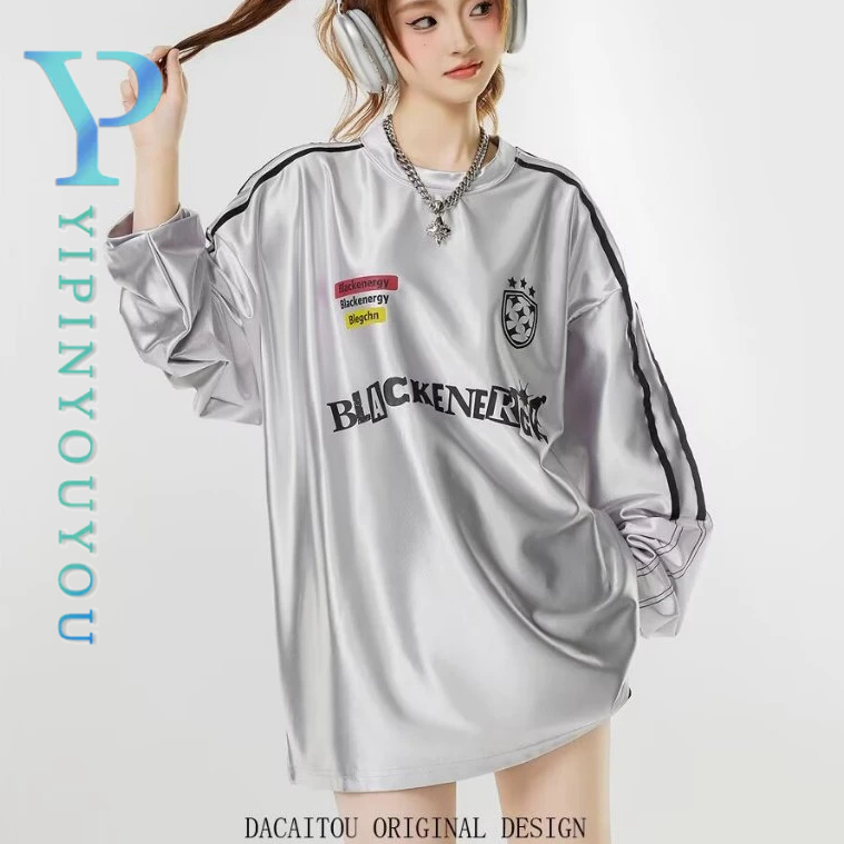 YIPINYOUYOU เสื้อกันหนาวผู้ชาย American high-end silver letter พิมพ์หลวมสบายๆ bottoming เสื้อยืด tops