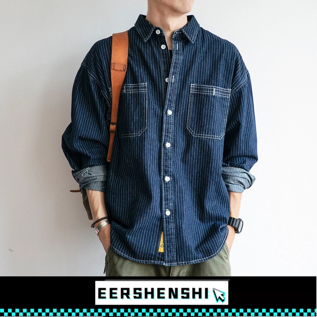 EERSHENSHI เสื้อโค้ทยีนส์ผู้ชายฤดูใบไม้ร่วงลายเสื้อเชิ้ตยีนส์แขนยาวปก