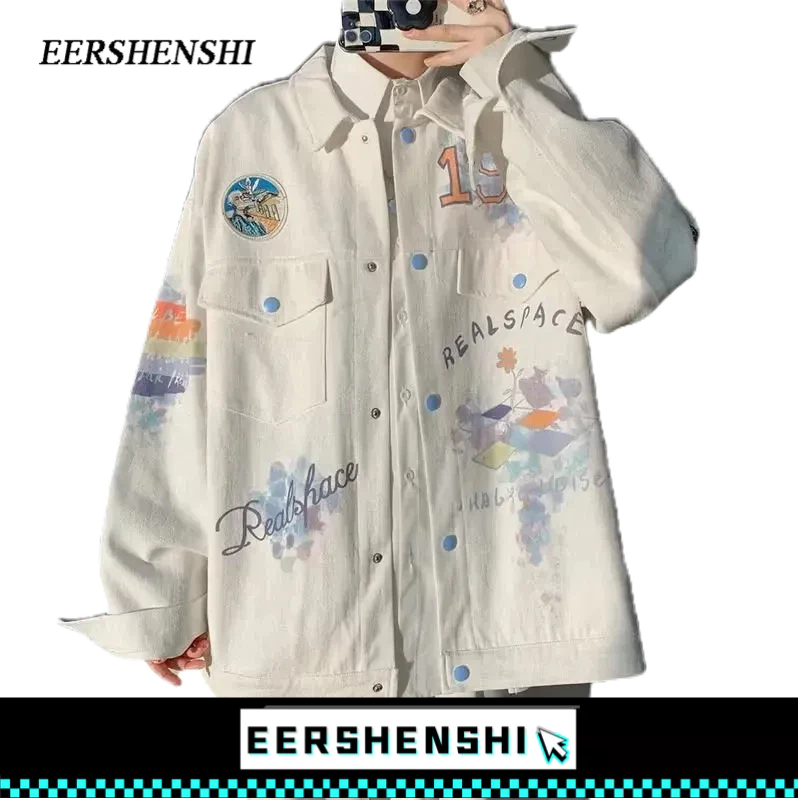EERSHENSHI เสื้อแจ็กเก็ตยีนลําลอง ทรงหลวม พิมพ์ลาย หลากสี แฟชั่นฤดูใบไม้ผลิ และฤดูใบไม้ร่วง สําหรับผู้ชาย