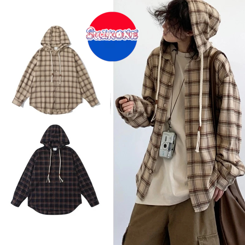 SUIKONE ซุยโคเนะ ญี่ปุ่นย้อนยุคลายสก๊อตเสื้อคลุมด้วยผ้าฤดูใบไม้ร่วงผู้ชายและผู้หญิงสไตล์วิทยาลัยเสื้อเชิ้ตแขนยาวหลวม