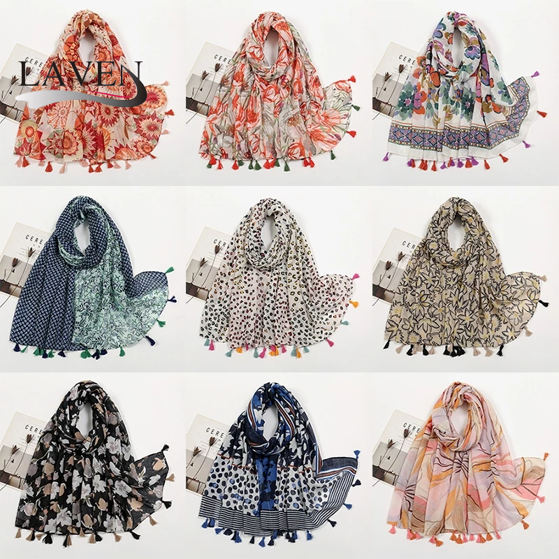 Laven ลาย้เหนียว Hijab ดอกไม้พิมพ์ Hijab พู่ผ้าคลุมไหล่มุสลิม Headscarf Hijab ยาว Pashmina ผ้าคลุมไหล่