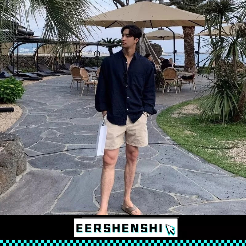 EERSHENSHI เสื้อเชิ้ตแขนยาวผู้ชายสไตล์ญี่ปุ่นการออกแบบความรู้สึกหลวมแจ็คเก็ตลําลองสีทึบเครื่องมือ