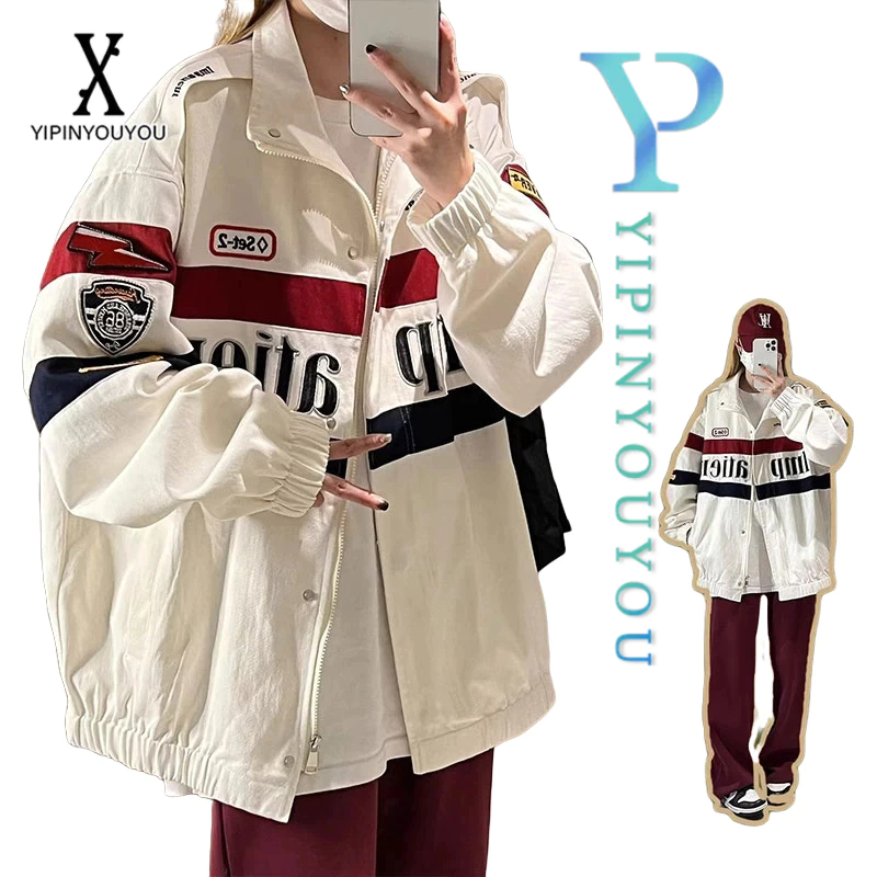 Yipinyouyou เสื้อแจ็กเก็ตแขนยาวลําลอง ทรงหลวม ปักลาย สไตล์อเมริกันย้อนยุค แฟชั่นฤดูใบไม้ผลิ และฤดูใบไม้ร่วง สําหรับผู้ชาย และผู้หญิง