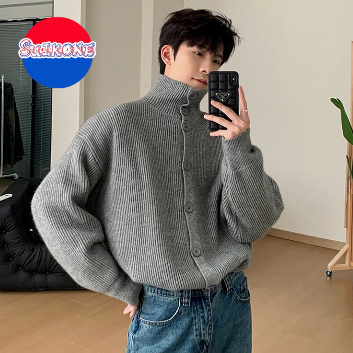 SUIKONE ซุยโคเนะ ฤดูใบไม้ร่วงและฤดูหนาวคอปกสูงสไตล์ขี้เกียจเสื้อกันหนาวสไตล์เกาหลีที่เรียบง่ายผู้ชายและผู้หญิงหลวมสบายๆเสื้