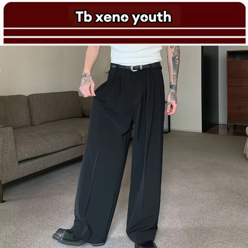 Tb xeno youth กางเกงสูทผู้ชายสีทึบอเนกประสงค์ลําลองหลวมขากว้างอเมริกันย้อนยุคกางเกง