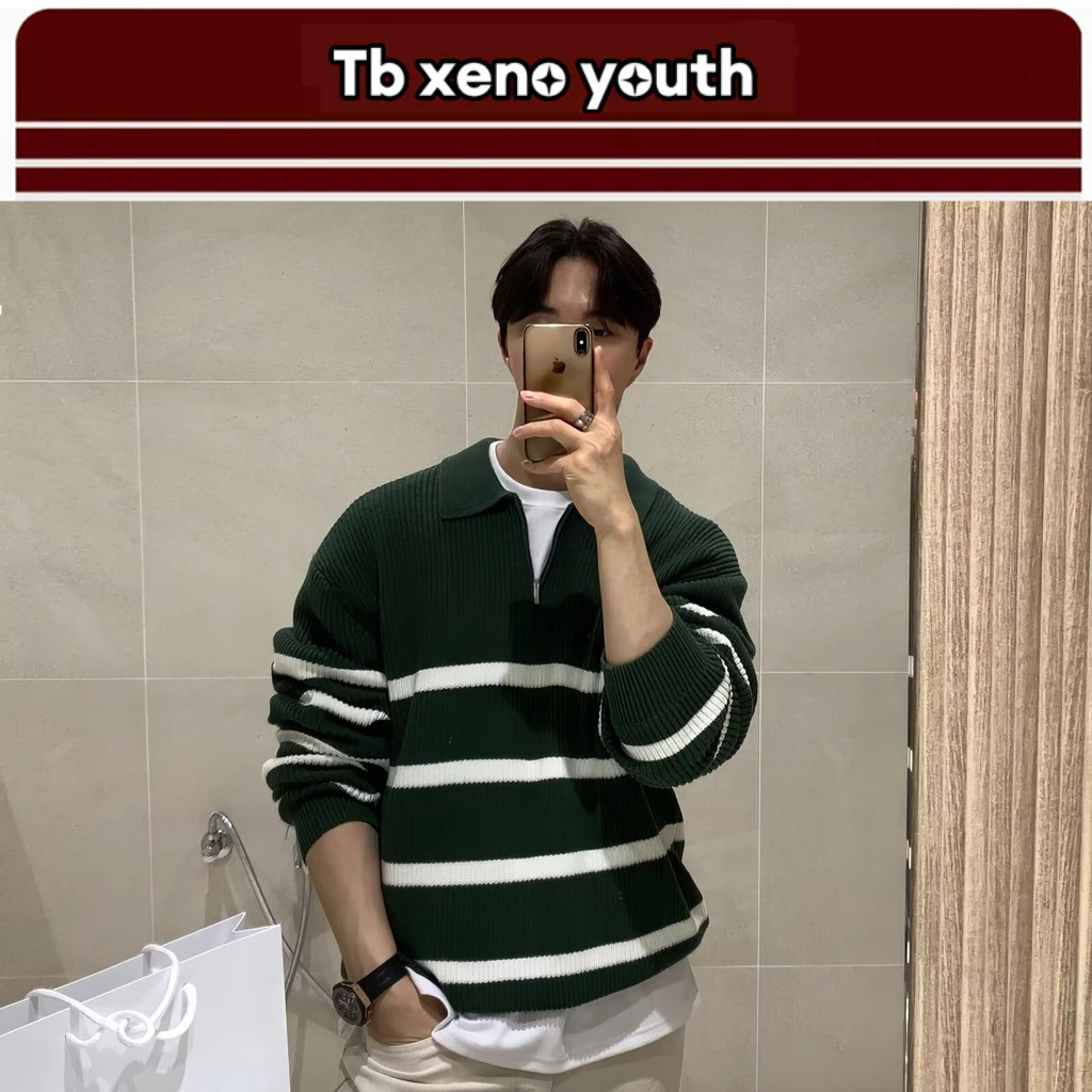 Tb xeno youth เสื้อกันหนาวผู้ชายแขนยาวหลวม Hemming อินเทรนด์คุณภาพสูงครึ่งซิปเสื้อกันหนาว All-Matching แฟชั่น Casual