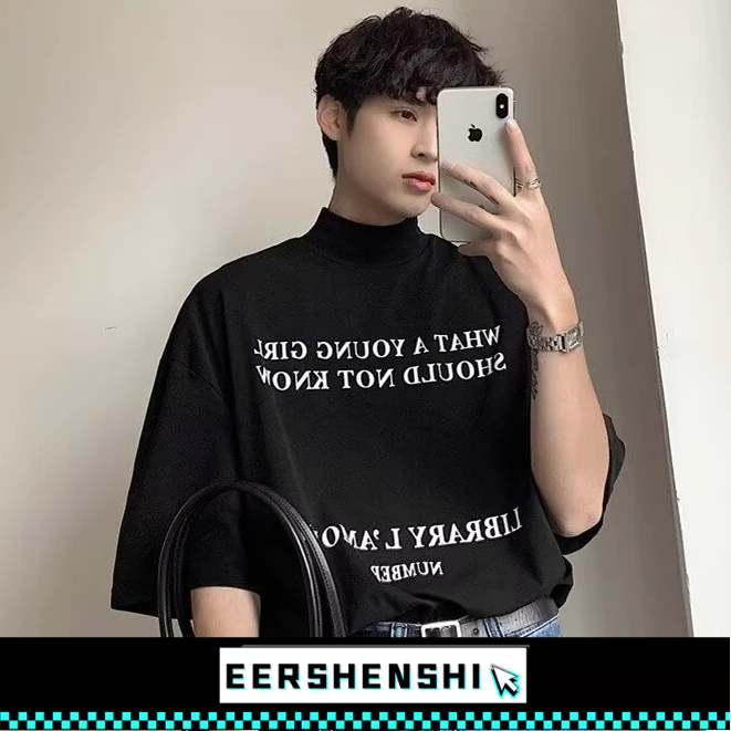 EERSHENSHI เสื้อยืดผู้ชายครึ่งคอเต่าอเนกประสงค์ลําลองพิมพ์ตัวอักษรแขนสั้นด้านบน