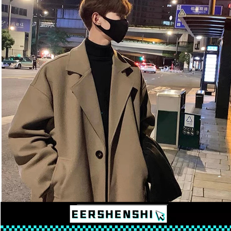 EERSHENSHI เสื้อโค้ทผ้าขนสัตว์ผู้ชายฤดูใบไม้ร่วงและฤดูหนาวความยาวกลางเหนือเข่าแฟชั่นแบรนด์แจ็คเก็ตลําลองหลวม