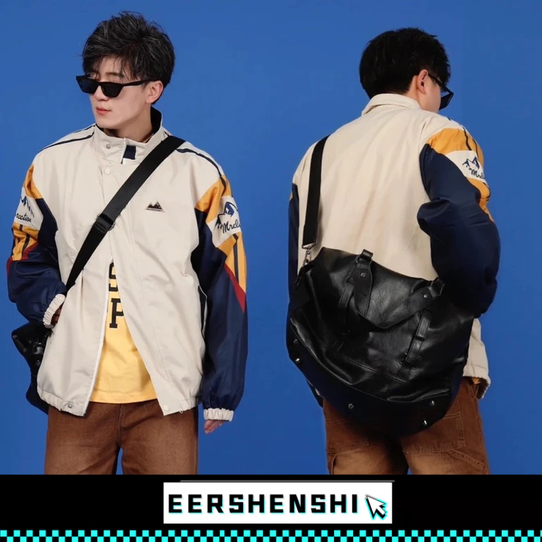 EERSHENSHI เสื้อผู้ชาย อเมริกันแฟชั่นแบรนด์ยืนปกแจ็คเก็ตคู่สีจับคู่เชลล์แจ็คเก็ตหลวมสบายๆ
