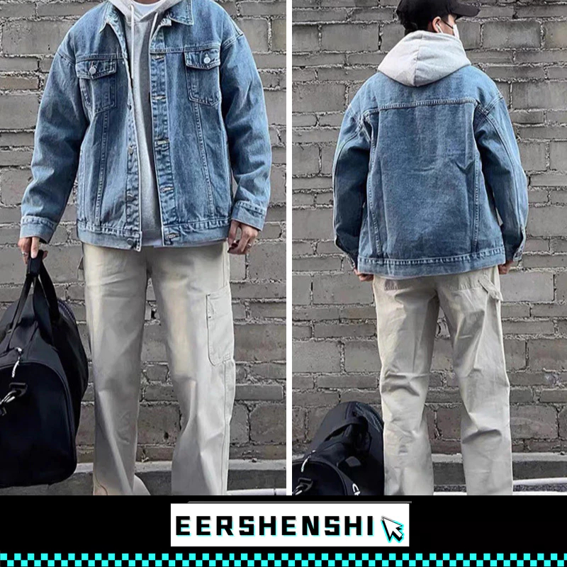 EERSHENSHI ผู้ชายวินเทจแจ็คเก็ตยีนส์ใหม่หลวมสบายๆสไตล์เกาหลีอเนกประสงค์แขนยาวเสื้อโปโลคอปก