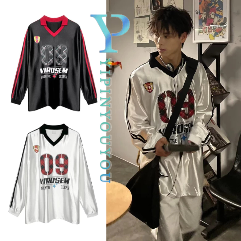 ยี่ปินยูยู เสื้อกันหนาวผู้ชายอเมริกันย้อนยุคหลวมสบายๆพิมพ์ตัวอักษรคอวีสไตล์เป็นกลางเสื้อกีฬา