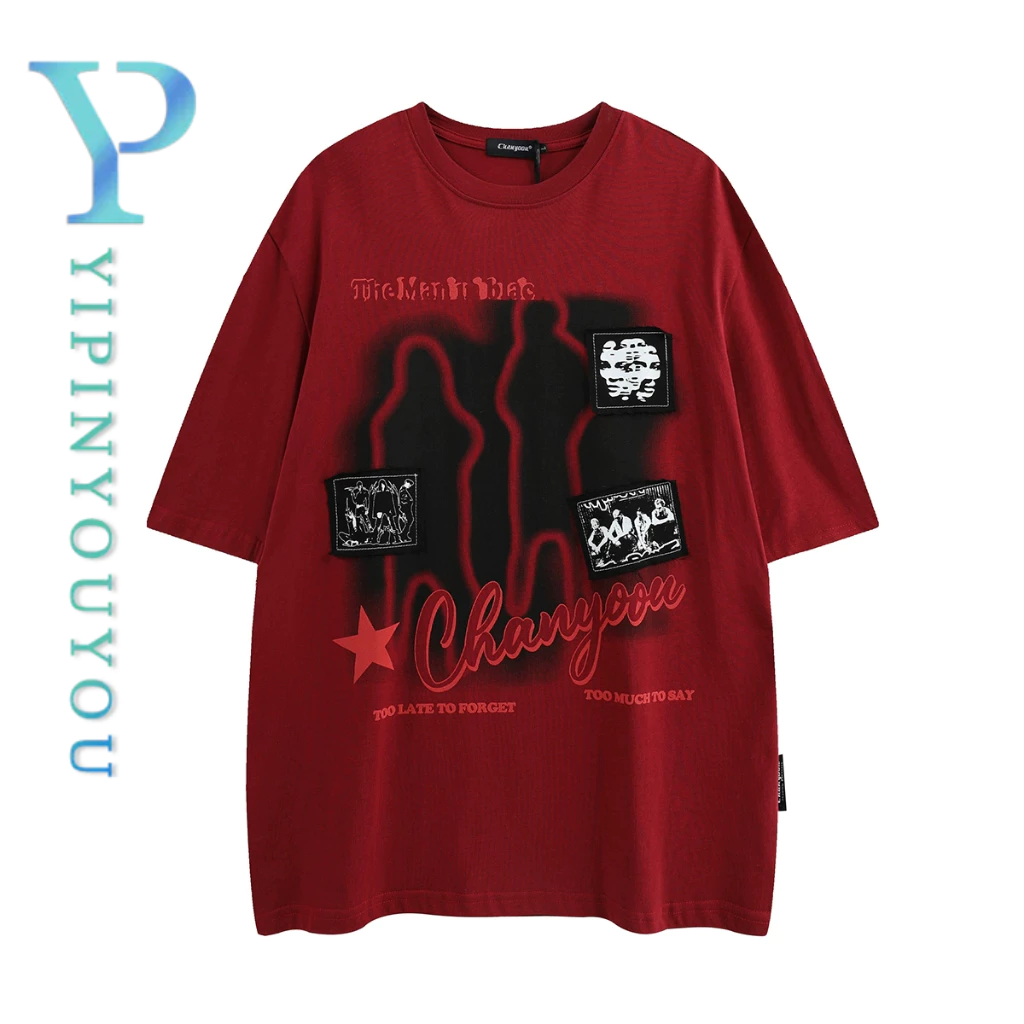 Yipinyoou American High Street ผ้าแอฟริกันปักพิมพ์รอบคอแขนสั้นเสื้อยืดฤดูร้อนหลวม Hip Hop เสื้อยืดคู่อเนกประสงค์