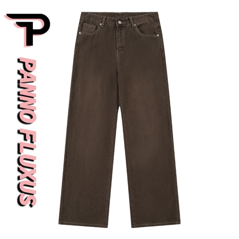 Pannofluxus กางเกงยีนส์ผู้ชาย, อเมริกันย้อนยุคหลวมสบายๆ cleanfit สีน้ําตาล กางเกงขายาวสไตล์เป็นกลาง